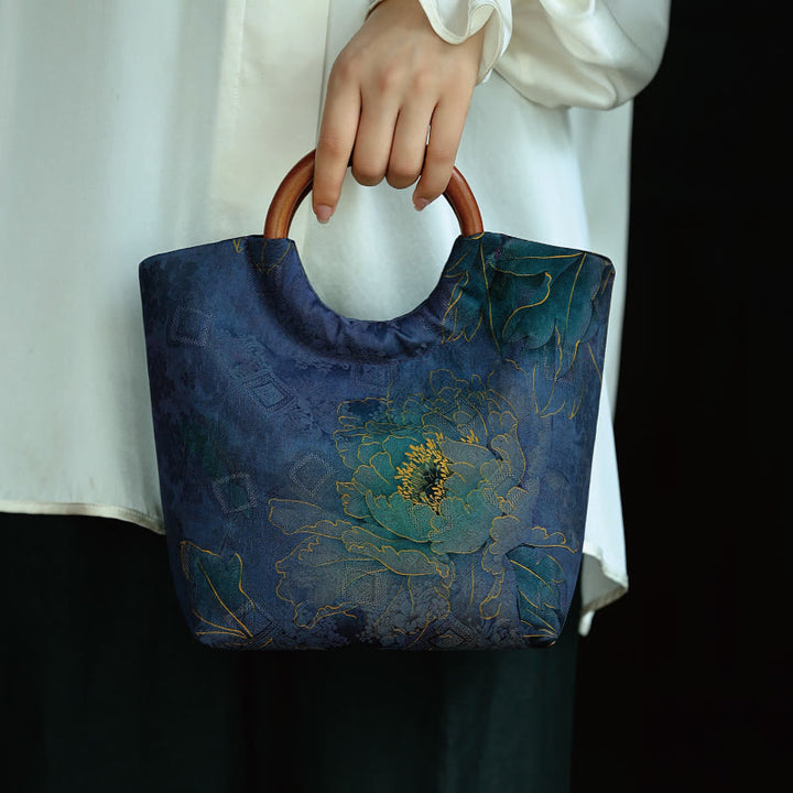 Buddha Stones Peony Flower Bamboo Leaves Bird Solid Wood Handle Handbag - Blue-Purple Peony 22*19*11cm - image 0