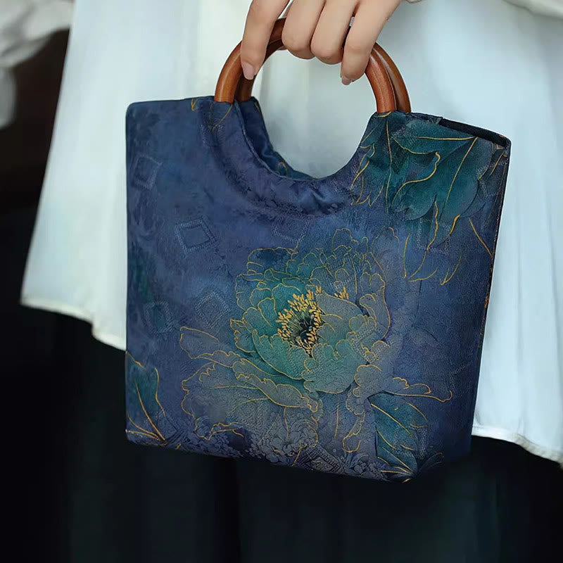 Buddha Stones Peony Flower Bamboo Leaves Bird Solid Wood Handle Handbag - image 1