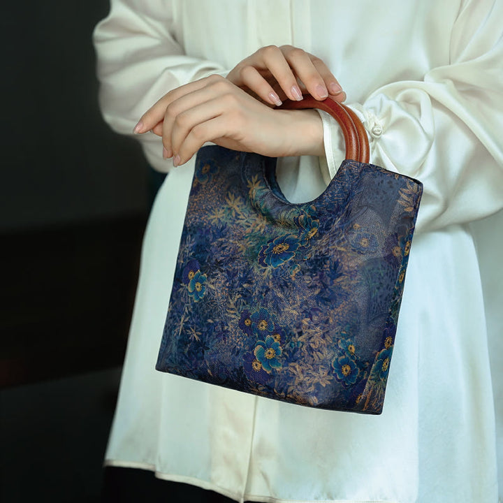 Buddha Stones Peony Flower Bamboo Leaves Bird Solid Wood Handle Handbag - Violet Small Flower 22*19*11cm - image 13