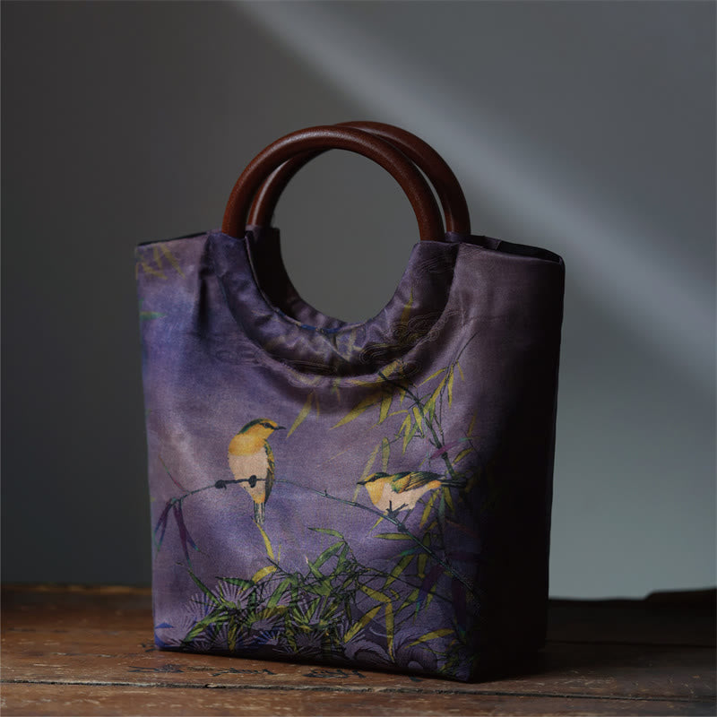 Buddha Stones Peony Flower Bamboo Leaves Bird Solid Wood Handle Handbag - Violet Bamboo Bird 22*19*11cm - image 12