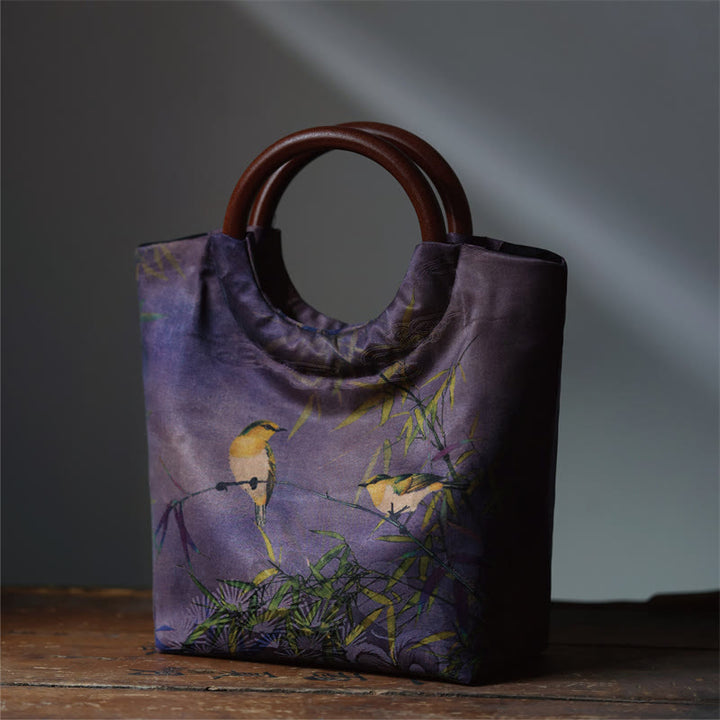 Buddha Stones Peony Flower Bamboo Leaves Bird Solid Wood Handle Handbag - Violet Bamboo Bird 22*19*11cm - image 12
