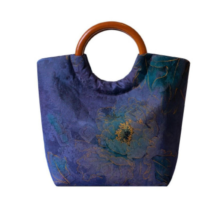 Buddha Stones Peony Flower Bamboo Leaves Bird Solid Wood Handle Handbag - image 11