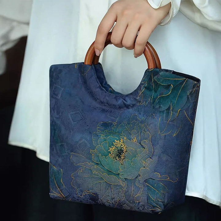 Buddha Stones Peony Flower Bamboo Leaves Bird Solid Wood Handle Handbag - image 7