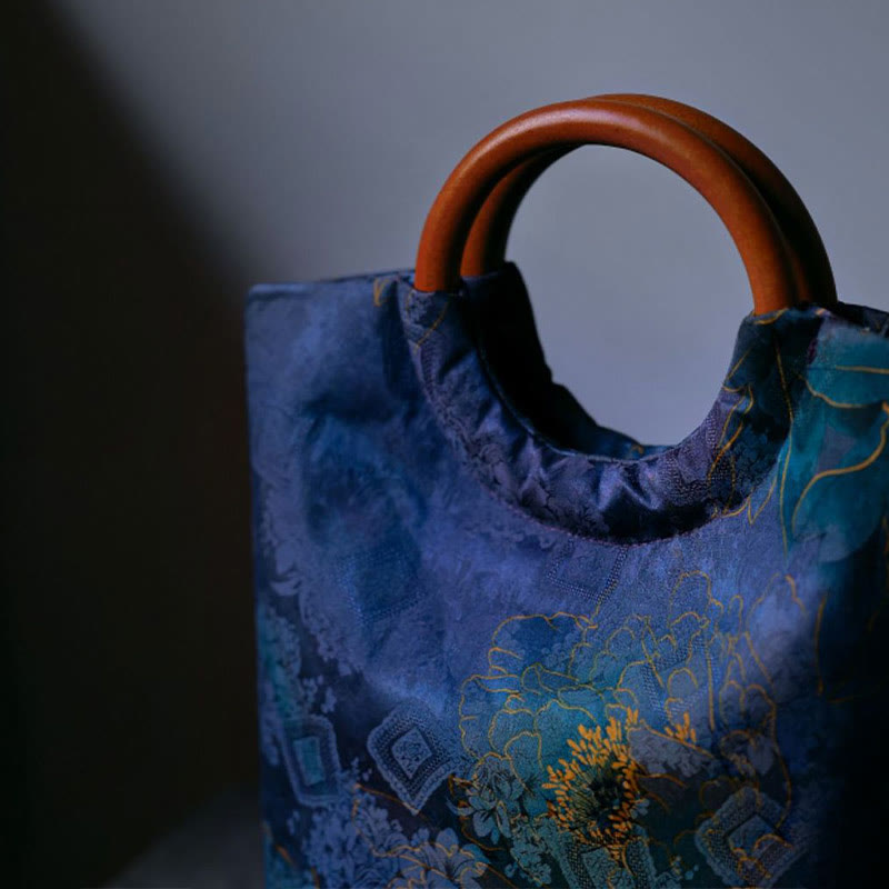 Buddha Stones Peony Flower Bamboo Leaves Bird Solid Wood Handle Handbag - image 3