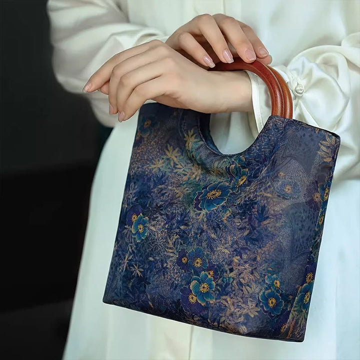 Buddha Stones Peony Flower Bamboo Leaves Bird Solid Wood Handle Handbag - image 14