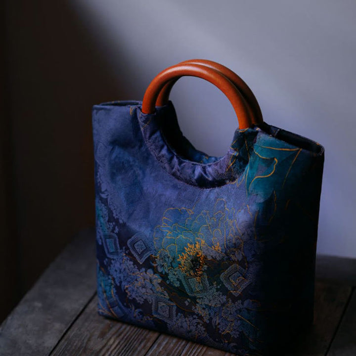 Buddha Stones Peony Flower Bamboo Leaves Bird Solid Wood Handle Handbag - image 5