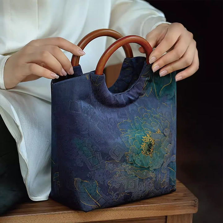 Buddha Stones Peony Flower Bamboo Leaves Bird Solid Wood Handle Handbag - image 2