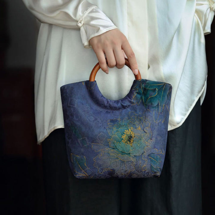 Buddha Stones Peony Flower Bamboo Leaves Bird Solid Wood Handle Handbag - image 8