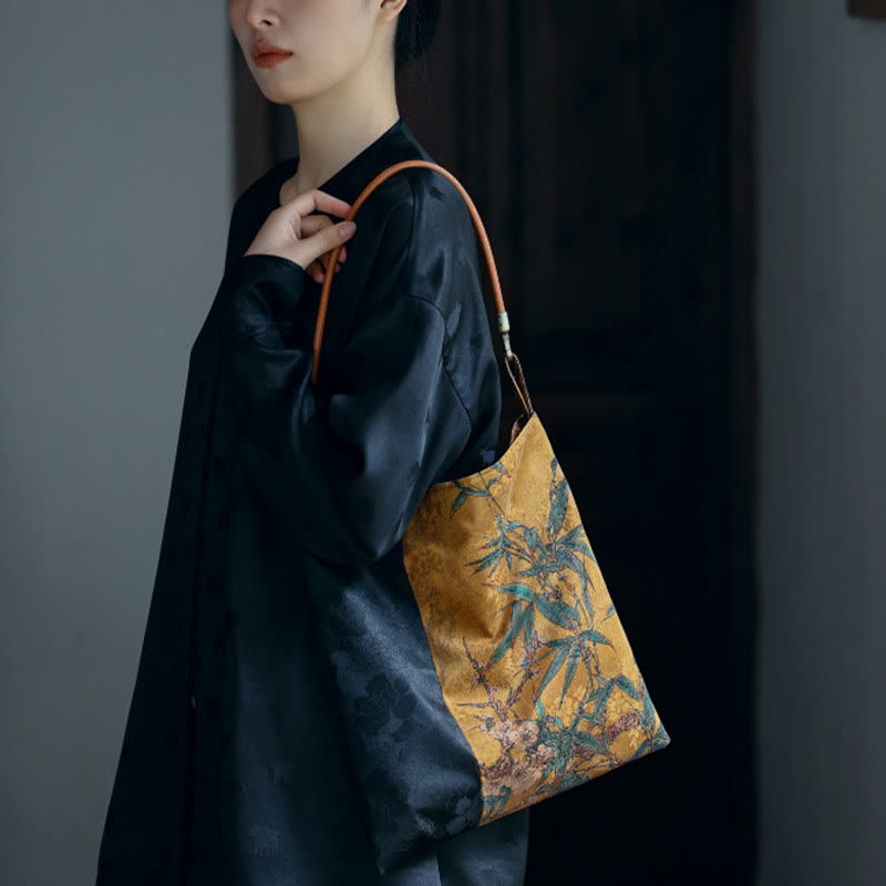 Buddha Stones Bamboo Leaves Flower Butterfly Persimmon Shoulder Bag Handbag - image 9