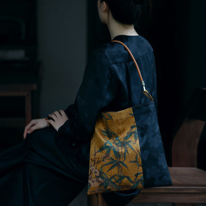 Buddha Stones Bamboo Leaves Flower Butterfly Persimmon Shoulder Bag Handbag - image 13