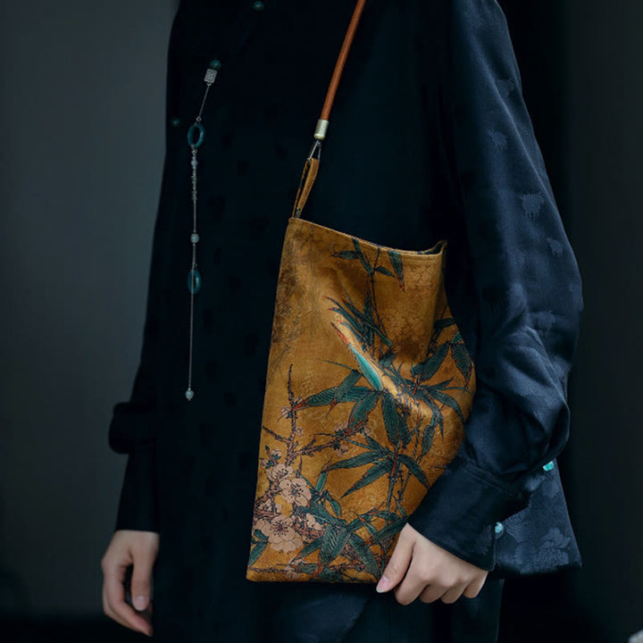 Buddha Stones Bamboo Leaves Flower Butterfly Persimmon Shoulder Bag Handbag - image 7