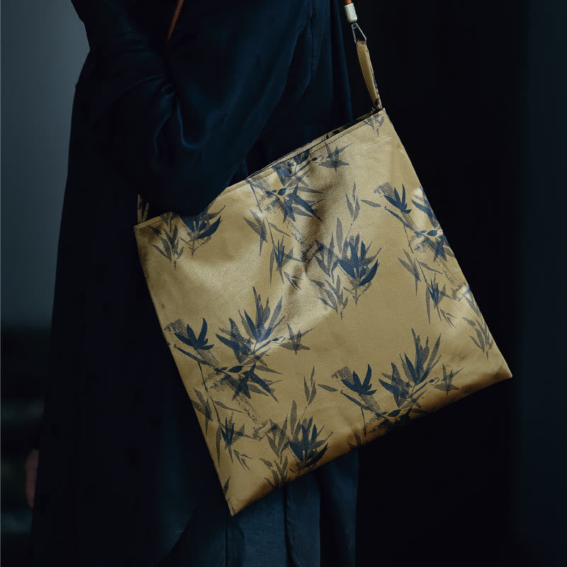 Buddha Stones Bamboo Leaves Flower Butterfly Persimmon Shoulder Bag Handbag - Gold Bamboo Leaves 33*33cm - image 17