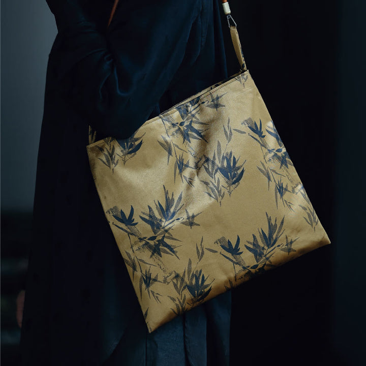 Buddha Stones Bamboo Leaves Flower Butterfly Persimmon Shoulder Bag Handbag - Gold Bamboo Leaves 33*33cm - image 17
