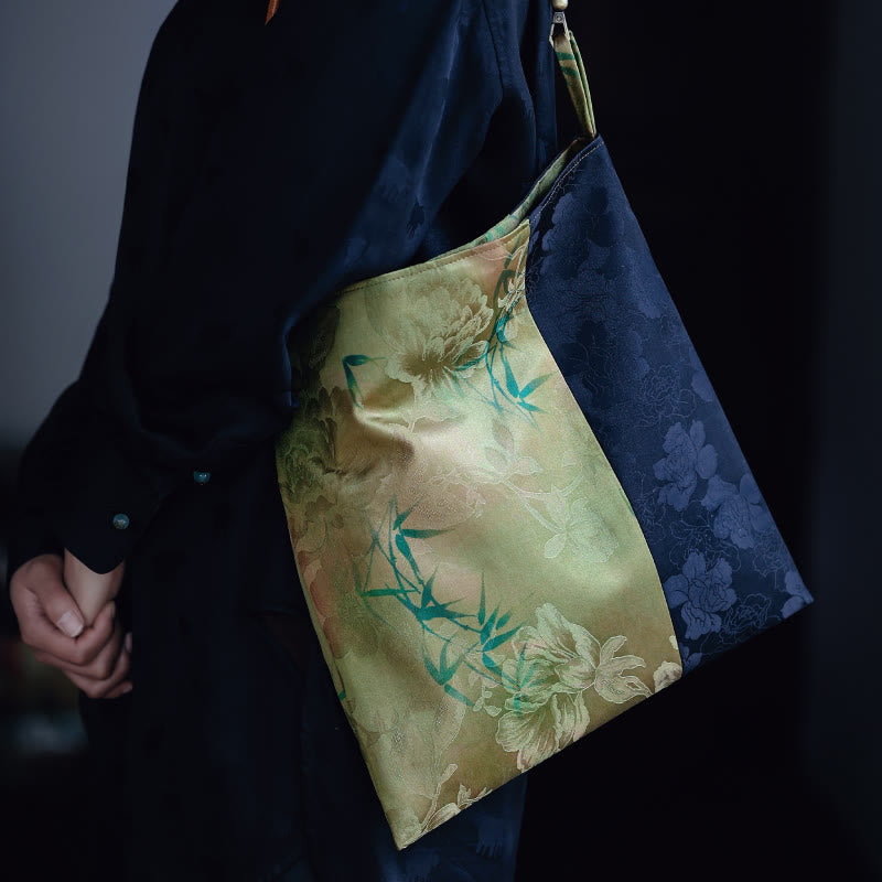 Buddha Stones Bamboo Leaves Flower Butterfly Persimmon Shoulder Bag Handbag - Flower Bamboo Leaves 33*33cm - image 15