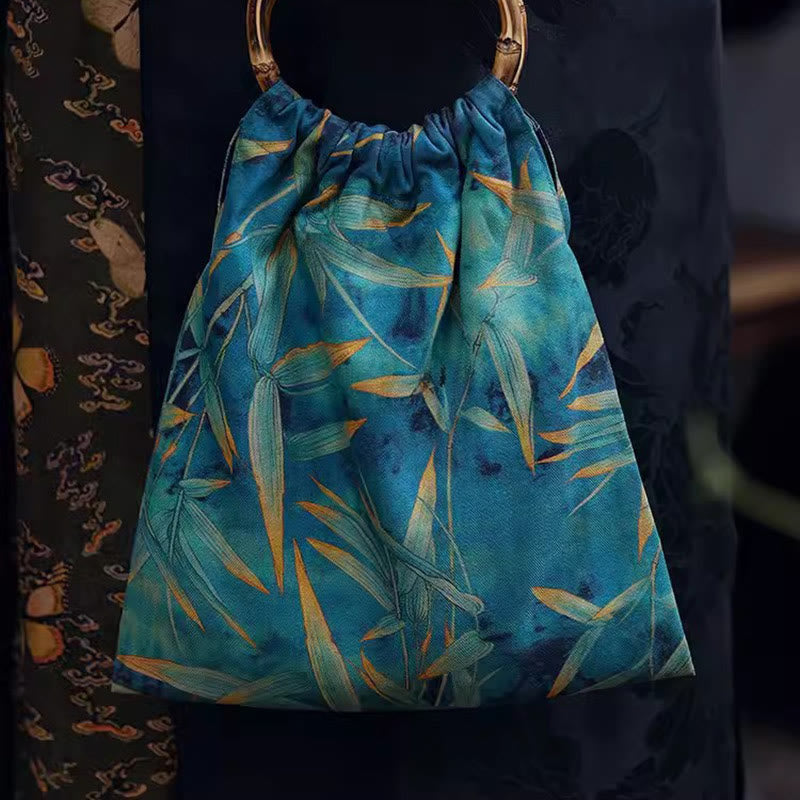 Buddha Stones Blue Green Bamboo Leaves Bamboo Handles Handbag - image 6