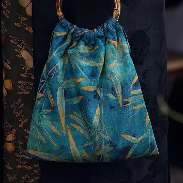 Buddha Stones Blue Green Bamboo Leaves Bamboo Handles Handbag - image 6