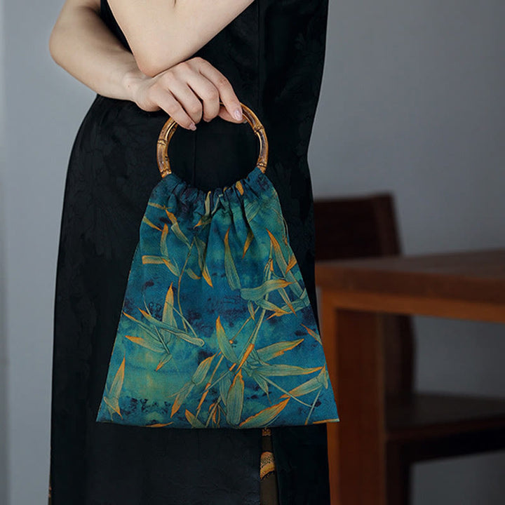Buddha Stones Blue Green Bamboo Leaves Bamboo Handles Handbag - Blue Green Bamboo Leaves 27*29cm - image 0