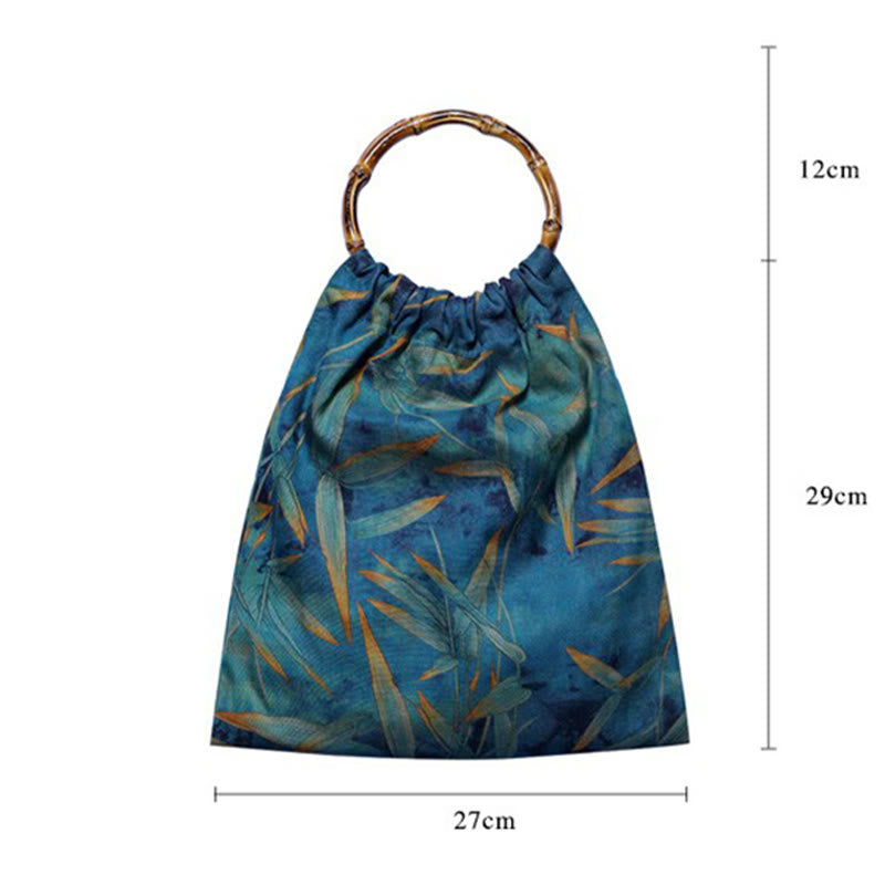 Buddha Stones Blue Green Bamboo Leaves Bamboo Handles Handbag - image 9