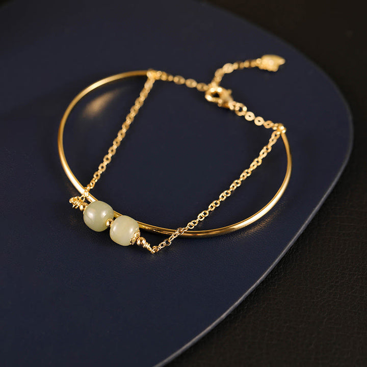 Buddha Stones Copper Plated Gold Hetian Jade Bead Luck Double Layer Bracelet Bangle - Hetian Jade Two Bead(Wrist Circumference 14-15cm) - image 8