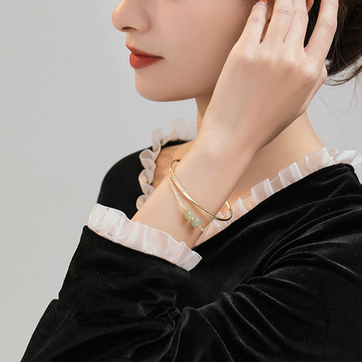 Buddha Stones Copper Plated Gold Hetian Jade Bead Luck Double Layer Bracelet Bangle - image 12