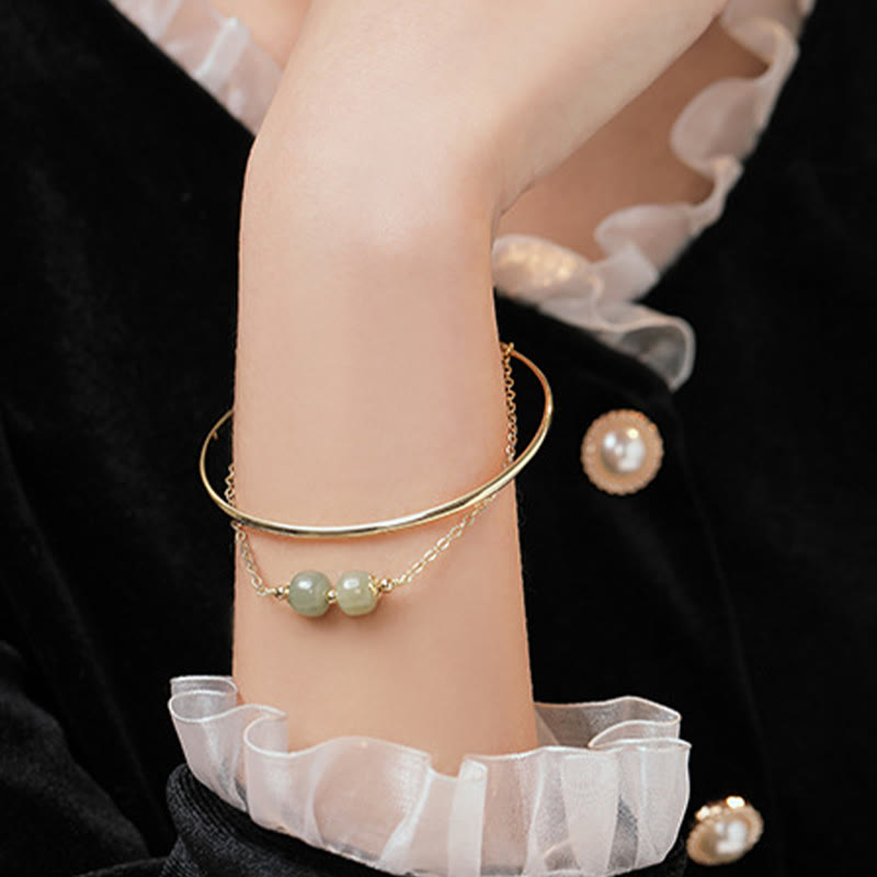 Buddha Stones Copper Plated Gold Hetian Jade Bead Luck Double Layer Bracelet Bangle - image 10