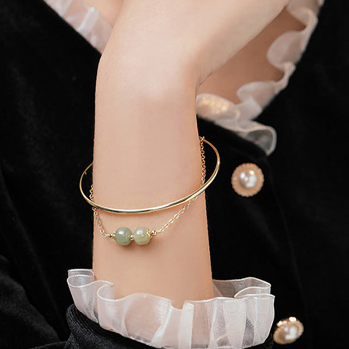 Buddha Stones Copper Plated Gold Hetian Jade Bead Luck Double Layer Bracelet Bangle - image 10