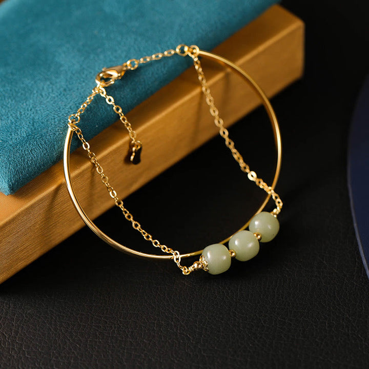 Buddha Stones Copper Plated Gold Hetian Jade Bead Luck Double Layer Bracelet Bangle - image 3