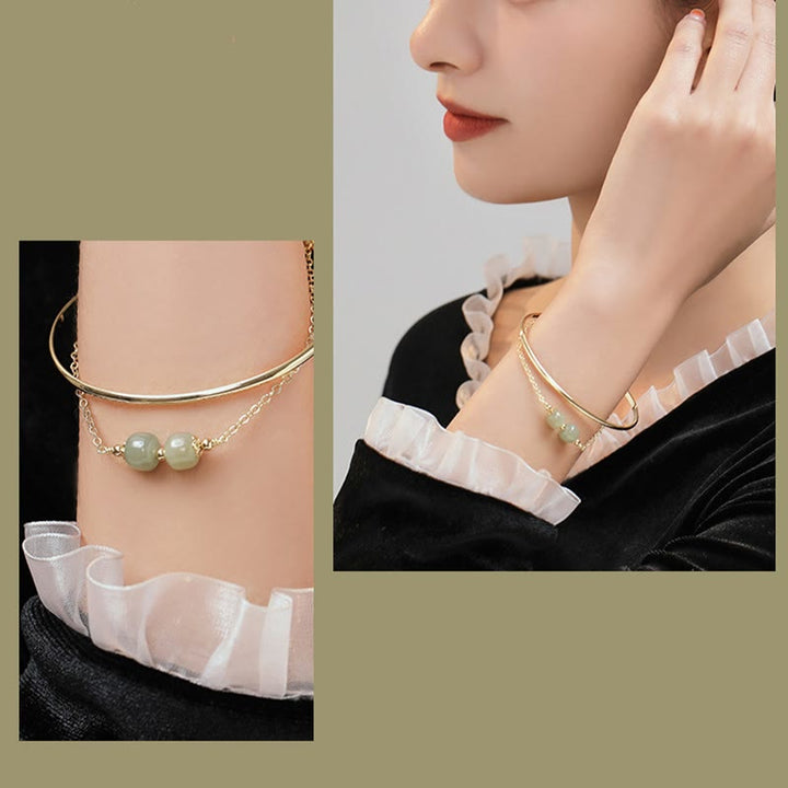 Buddha Stones Copper Plated Gold Hetian Jade Bead Luck Double Layer Bracelet Bangle - image 14