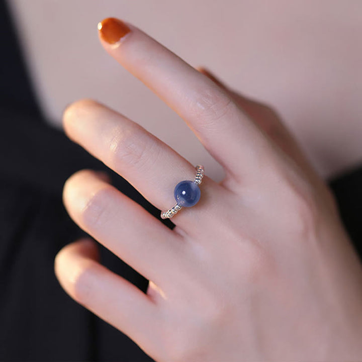 Buddha Stones 925 Sterling Silver Blue Candy Agate Healing Bead Ring - image 7