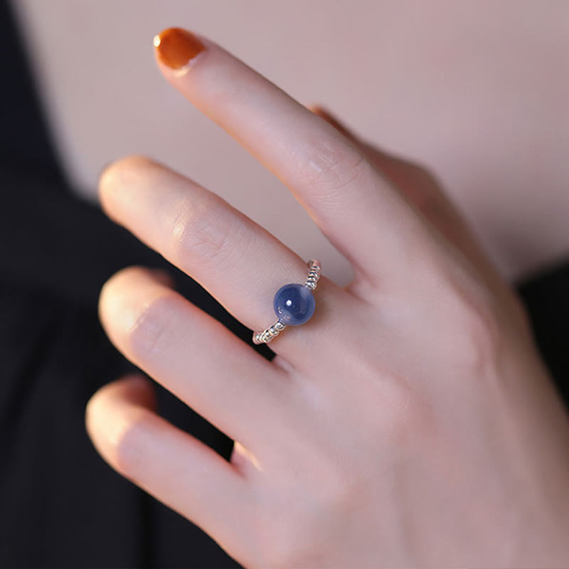 Buddha Stones 925 Sterling Silver Blue Candy Agate Healing Bead Ring - image 7