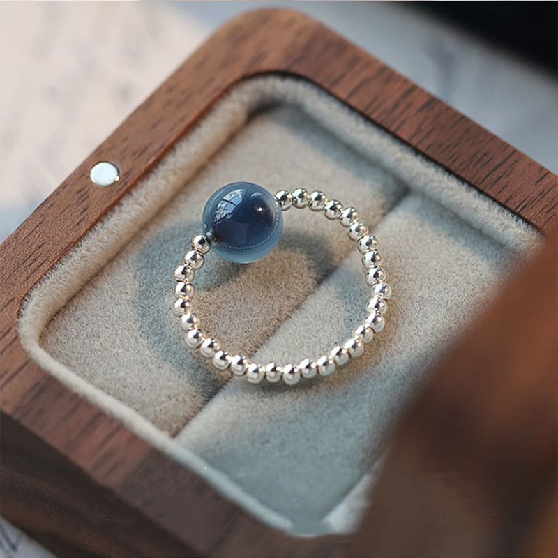 Buddha Stones 925 Sterling Silver Blue Candy Agate Healing Bead Ring - Inner Diameter 1.7cm(Elastic Rope)/US5-US7 - image 0