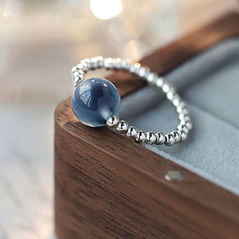 Buddha Stones 925 Sterling Silver Blue Candy Agate Healing Bead Ring - image 1