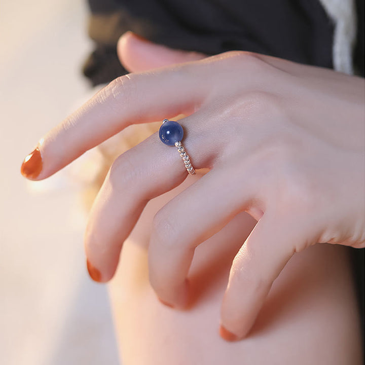 Buddha Stones 925 Sterling Silver Blue Candy Agate Healing Bead Ring - image 9