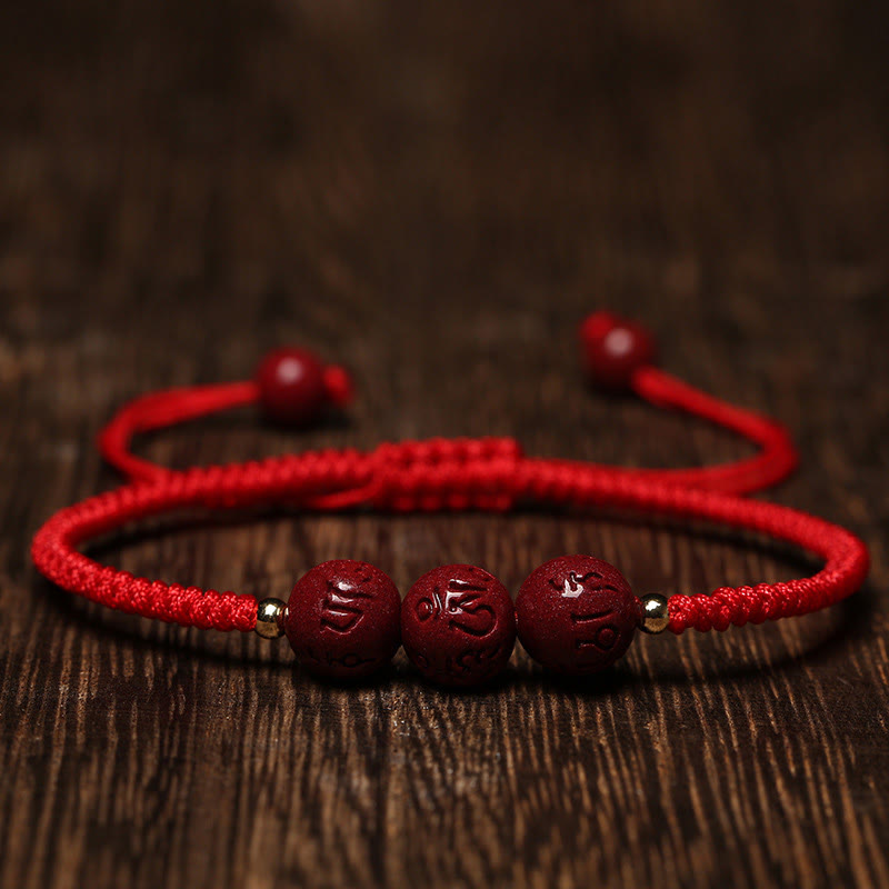 Buddha Stones Handmade Cinnabar Om Mani Padme Hum Engraved Beads Blessing Braided Bracelet - Red Rope(Wrist Circumference 14-16cm) - image 5