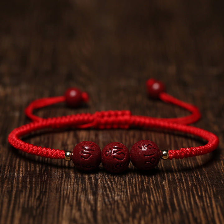 Buddha Stones Handmade Cinnabar Om Mani Padme Hum Engraved Beads Blessing Braided Bracelet - Red Rope(Wrist Circumference 14-16cm) - image 5