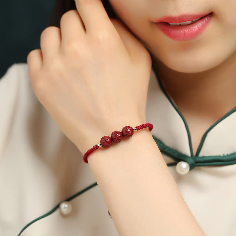 Buddha Stones Handmade Cinnabar Om Mani Padme Hum Engraved Beads Blessing Braided Bracelet - image 1