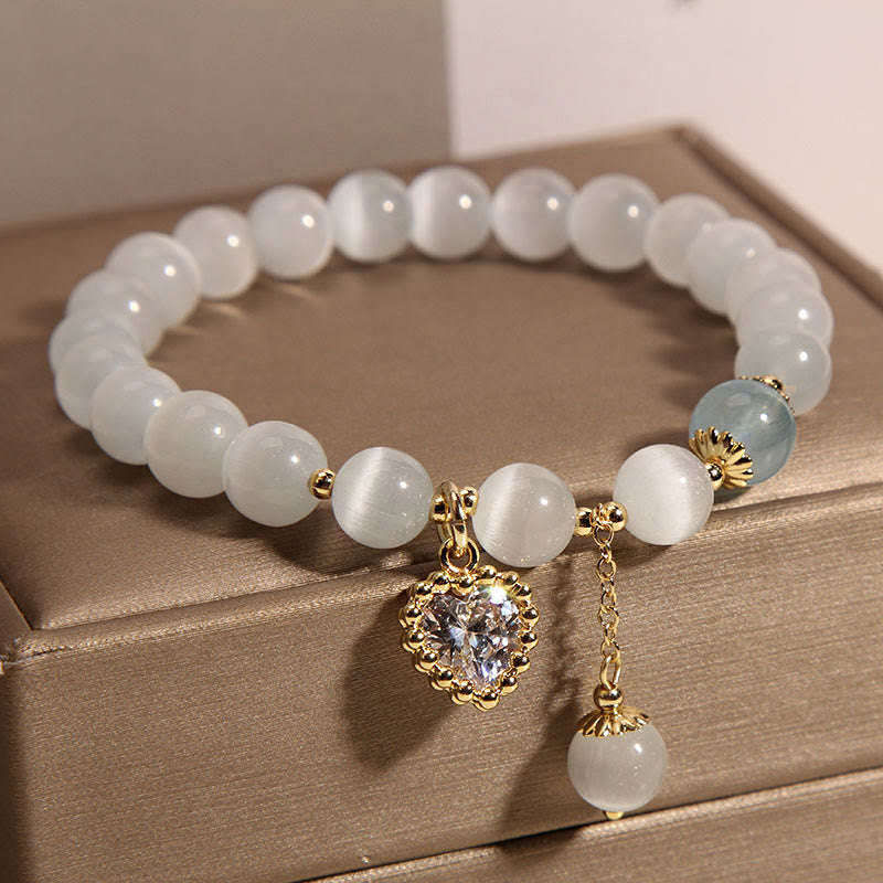 Buddha Stones Cat's Eye Crystal Heart Zircon Charm Peace Love Bracelet - image 2