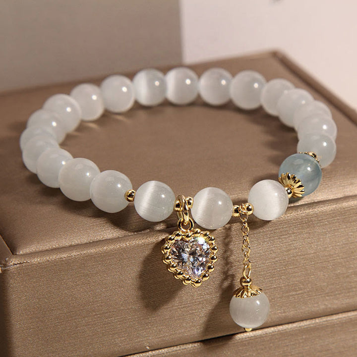 Buddha Stones Cat's Eye Crystal Heart Zircon Charm Peace Love Bracelet - image 2