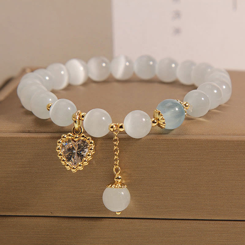 Buddha Stones Cat's Eye Crystal Heart Zircon Charm Peace Love Bracelet - image 1
