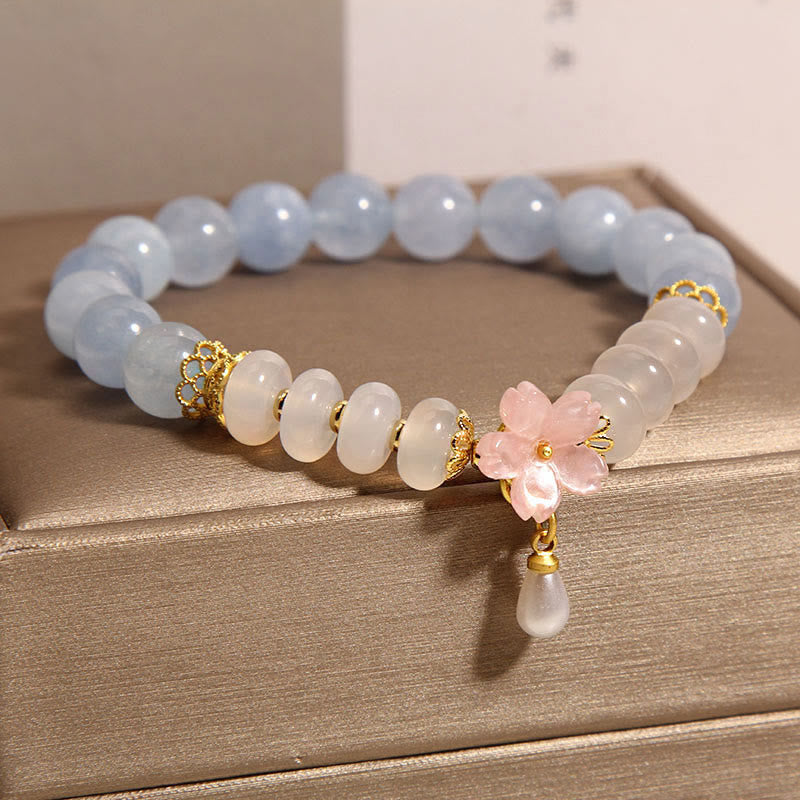 Buddha Stones Aquamarine White Agate Pearl Abacus Beads Flower Healing Bracelet - image 2
