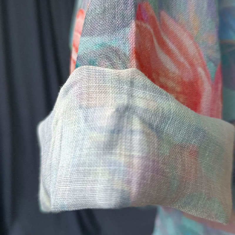 Buddha Stones Pink Flowers Green Leaves Print Frog-button Design Long Sleeve Ramie Linen Jacket Shirt - image 14