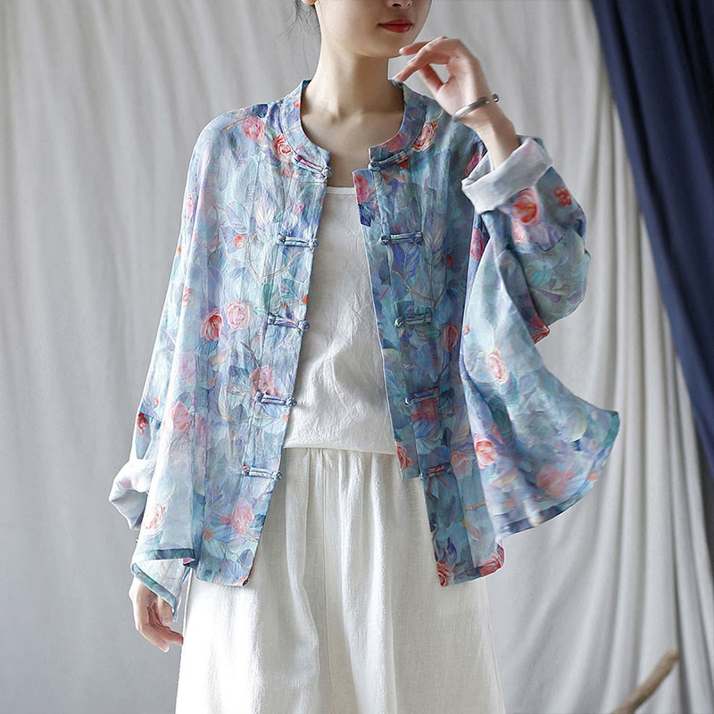 Buddha Stones Pink Flowers Green Leaves Print Frog-button Design Long Sleeve Ramie Linen Jacket Shirt - image 24