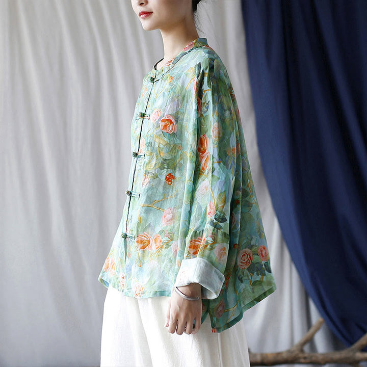 Buddha Stones Pink Flowers Green Leaves Print Frog-button Design Long Sleeve Ramie Linen Jacket Shirt - image 33