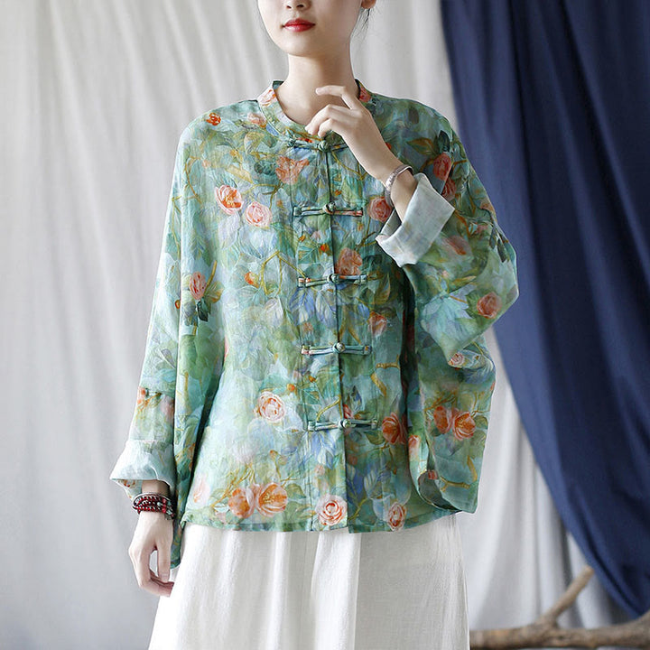 Buddha Stones Pink Flowers Green Leaves Print Frog-button Design Long Sleeve Ramie Linen Jacket Shirt - image 39