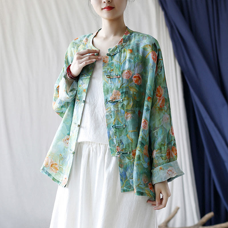 Buddha Stones Pink Flowers Green Leaves Print Frog-button Design Long Sleeve Ramie Linen Jacket Shirt - image 37