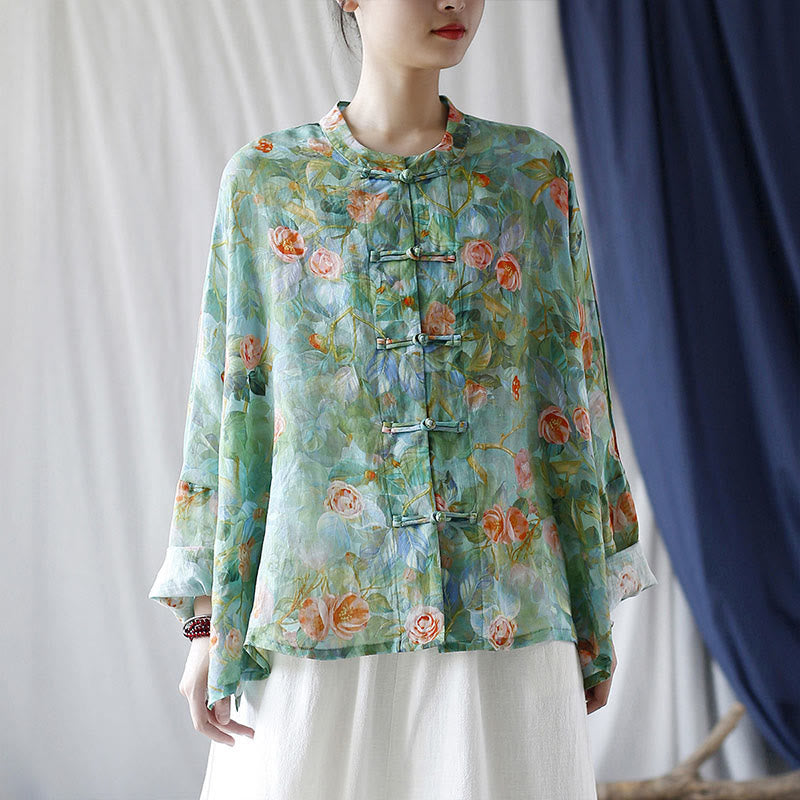 Buddha Stones Pink Flowers Green Leaves Print Frog-button Design Long Sleeve Ramie Linen Jacket Shirt - image 30