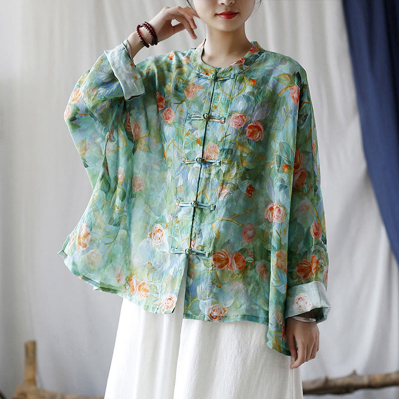 Buddha Stones Pink Flowers Green Leaves Print Frog-button Design Long Sleeve Ramie Linen Jacket Shirt - image 45