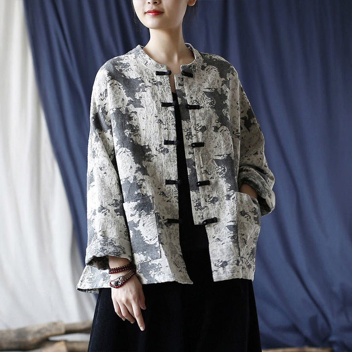 Buddha Stones Black Gray Print Frog-button Design Long Sleeve Cotton Linen Jacket Shirt With Pockets - image 20