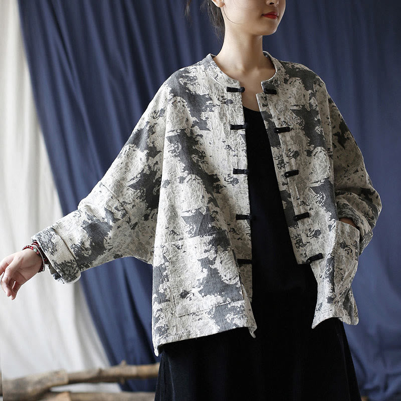 Buddha Stones Black Gray Print Frog-button Design Long Sleeve Cotton Linen Jacket Shirt With Pockets - image 16