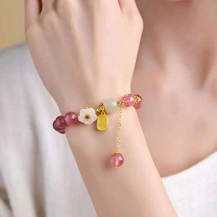 Buddha Stones Strawberry Quartz Fu Character Pink Crystal Healing Bracelet - image 3